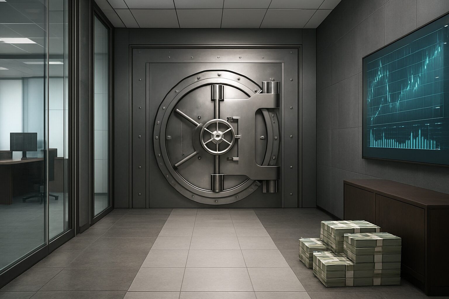A secure vault door in a modern office space with stacks of cash nearby, suggesting financial security.